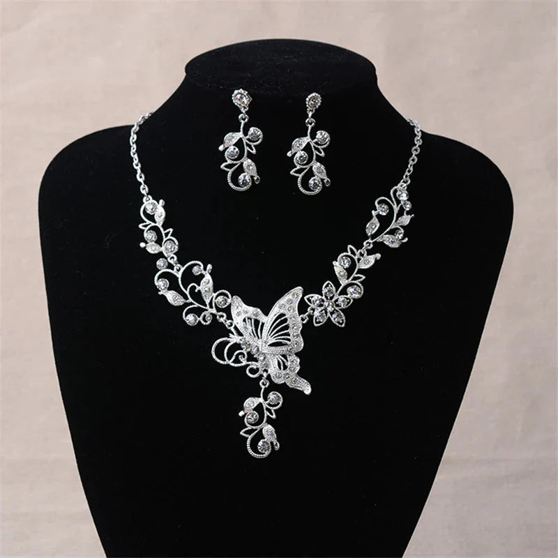 Wedding Jewelry Set Bride Rhinestone Jewelry Set Silver Plated Butterfly Choker Necklace Earrings Set Jewelry For Women Girls