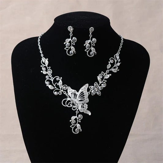 Wedding Jewelry Set Bride Rhinestone Jewelry Set Silver Plated Butterfly Choker Necklace Earrings Set Jewelry For Women Girls