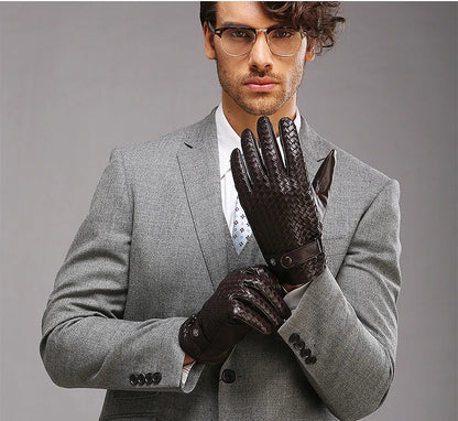 RY025NN 2025 New Spring/Winter Male Real Leather Short Gloves Man Suede Knitted Black/Brown Lambskin Cold Proof Mittens Mex Luva