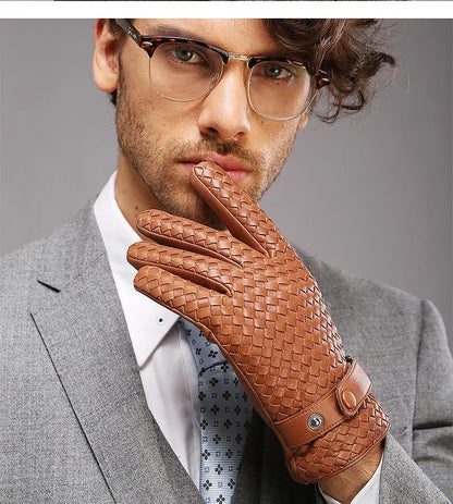 RY025NN 2025 New Spring/Winter Male Real Leather Short Gloves Man Suede Knitted Black/Brown Lambskin Cold Proof Mittens Mex Luva