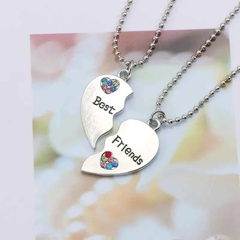 Trendy Best Friends Pendant Necklace for Women Full Rhinestone Love Heart Bff Friendship Pendants Necklaces Jewelry Accessories