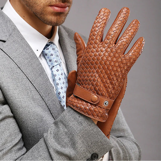RY025NN 2025 New Spring/Winter Male Real Leather Short Gloves Man Suede Knitted Black/Brown Lambskin Cold Proof Mittens Mex Luva