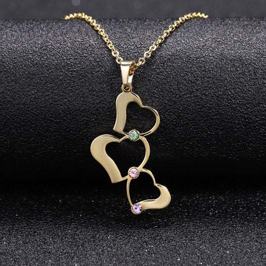 Personalized 3 Love Heart Hollow Design Birthstone Engrave Name Necklace Pendant
