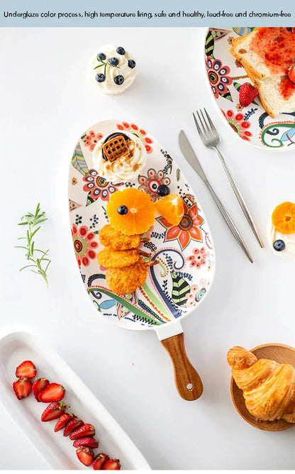 Ceramic Salad Plates with Handle,Porcelain Dinner Plates,Colorful Floral Pattern Serving Plate for Desserts Sandwiches Dishes 접시