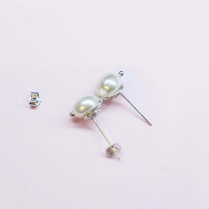 Handmade 10mm Lustrous Baroque Freshwater Pearl Silver Spiral Studs