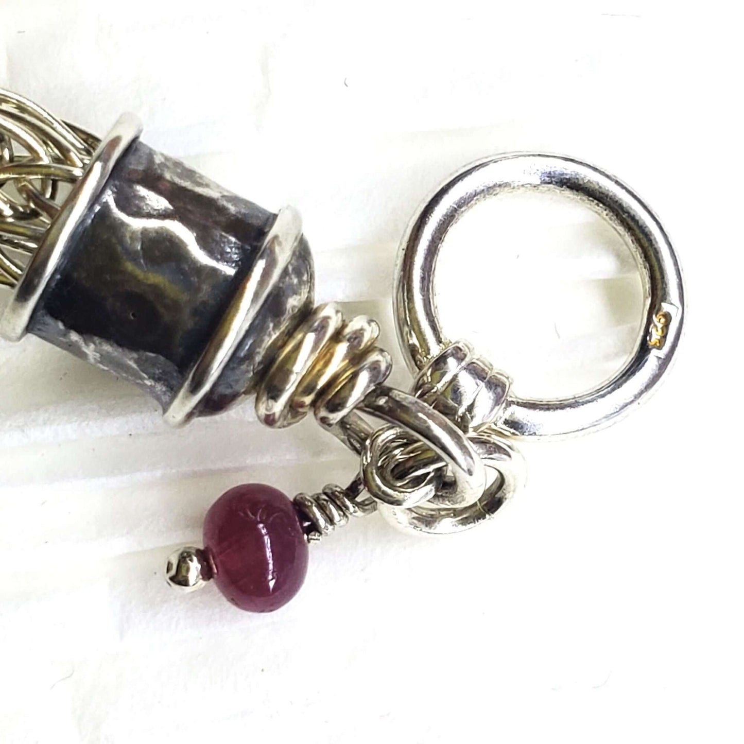 Handmade 10mm silver Viking knit bracelet with Ruby charm