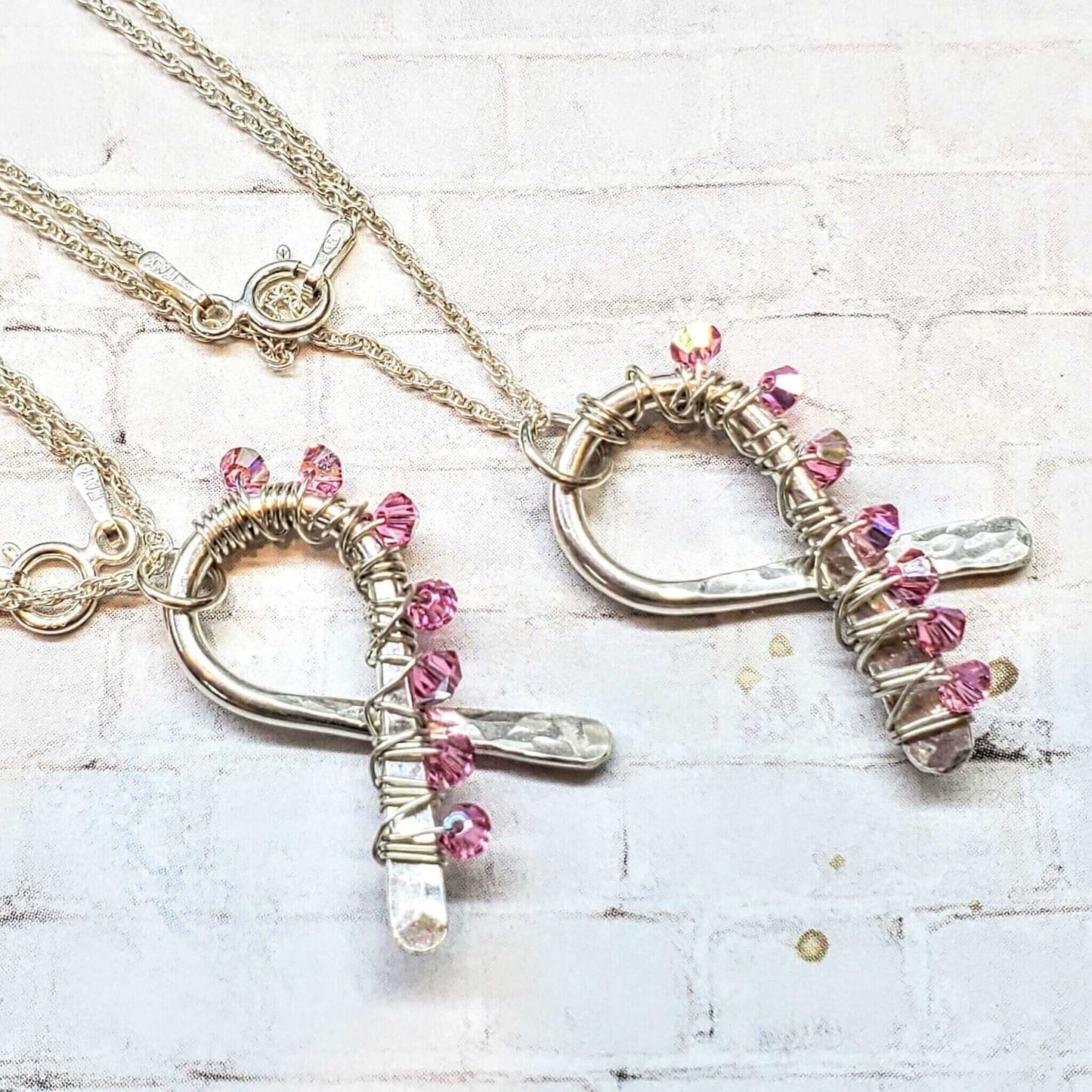Handmade 2025 Breast Cancer Awareness Pink Crystal Ribbon Necklace