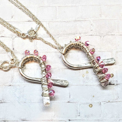 Handmade 2025 Breast Cancer Awareness Pink Crystal Ribbon Necklace
