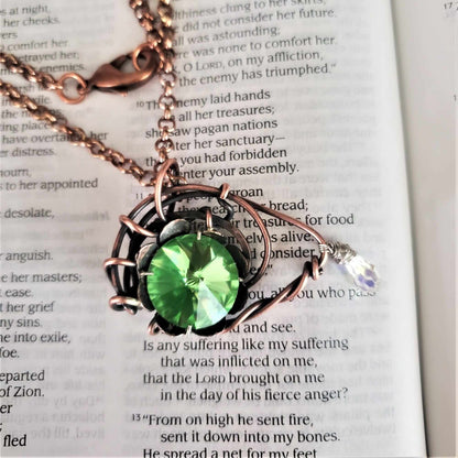 Handmade Asymmetric Wire Sculpted Green Crystal Copper Eye Necklace