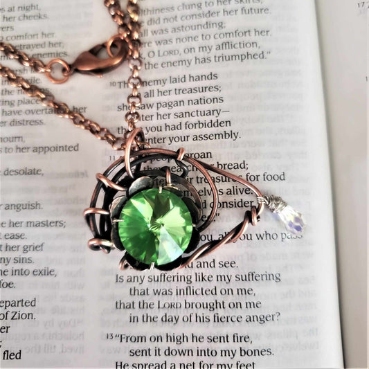 Handmade Asymmetric Wire Sculpted Green Crystal Copper Eye Necklace