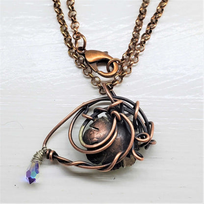 Handmade Asymmetric Wire Sculpted Green Crystal Copper Eye Necklace