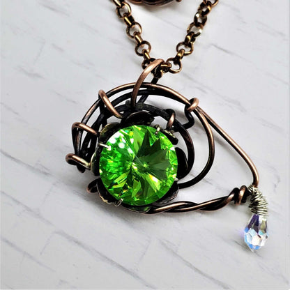 Handmade Asymmetric Wire Sculpted Green Crystal Copper Eye Necklace