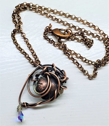 Handmade Asymmetric Wire Sculpted Green Crystal Copper Eye Necklace