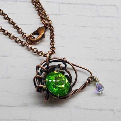 Handmade Asymmetric Wire Sculpted Green Crystal Copper Eye Necklace