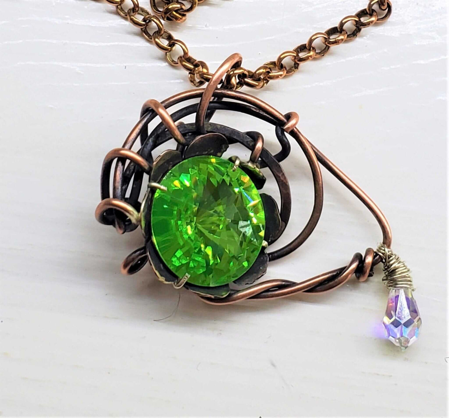Handmade Asymmetric Wire Sculpted Green Crystal Copper Eye Necklace