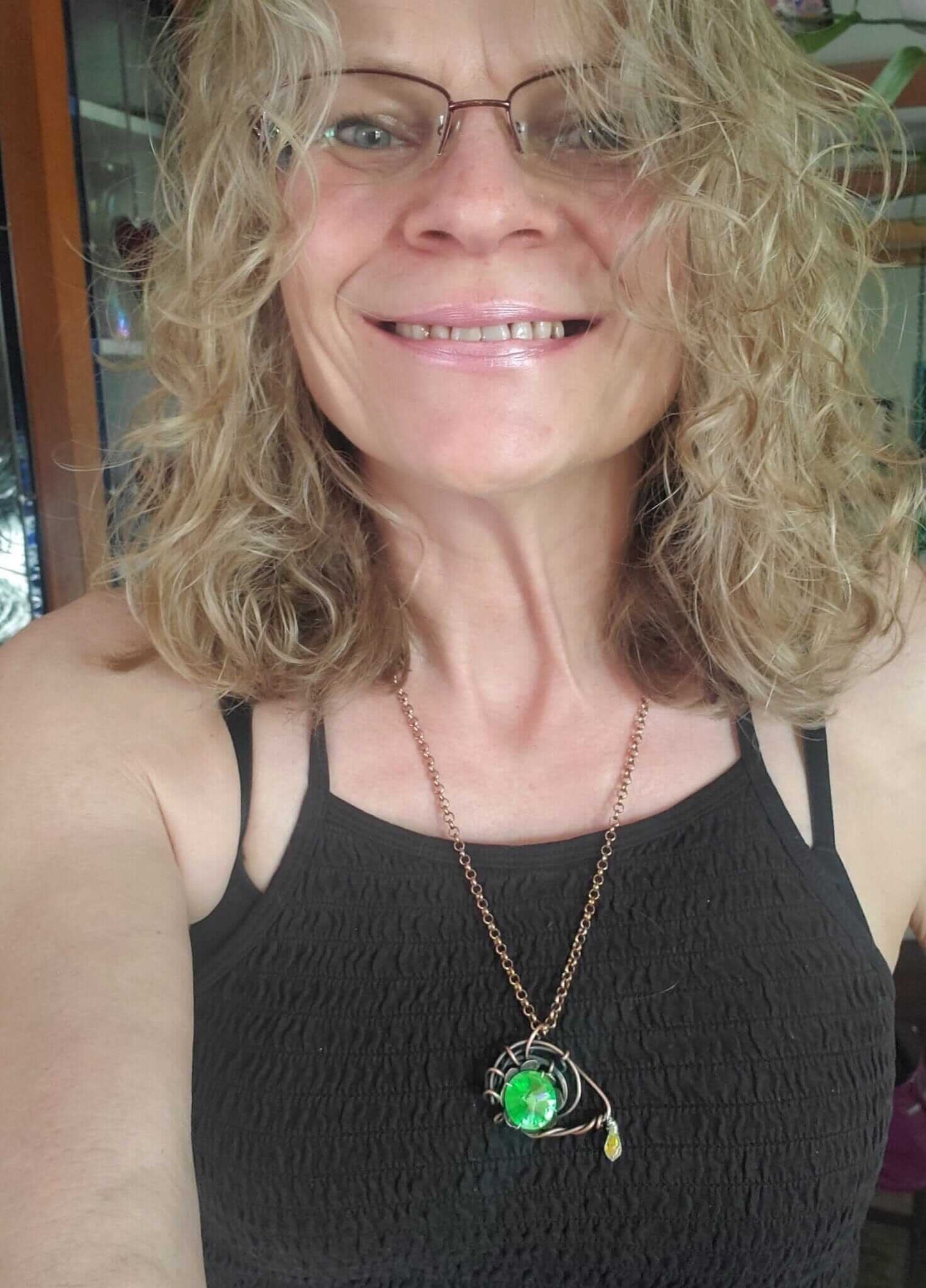 Handmade Asymmetric Wire Sculpted Green Crystal Copper Eye Necklace