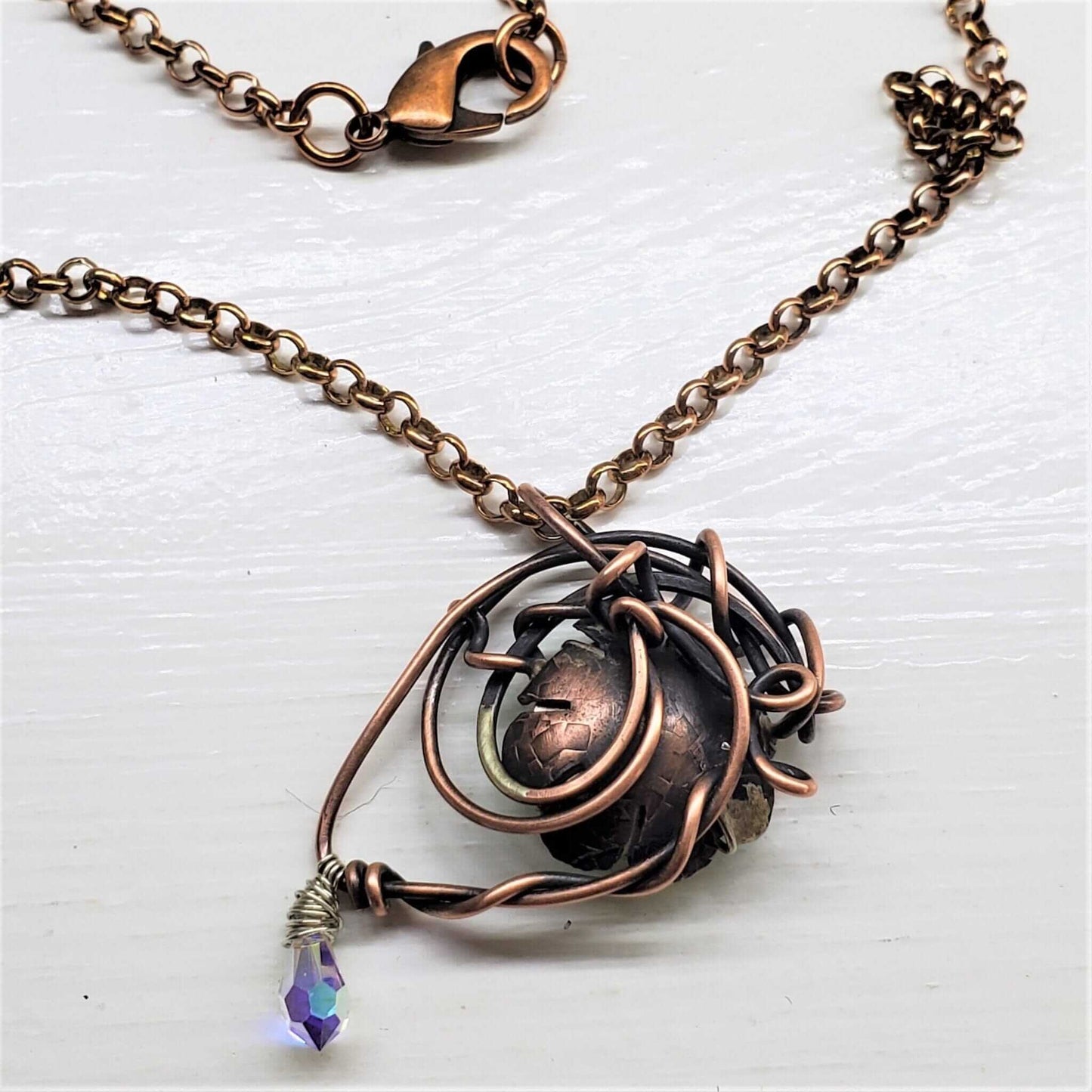 Handmade Asymmetric Wire Sculpted Green Crystal Copper Eye Necklace