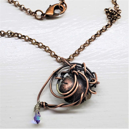 Handmade Asymmetric Wire Sculpted Green Crystal Copper Eye Necklace