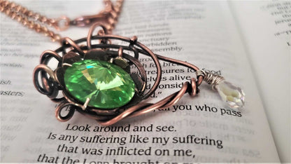 Handmade Asymmetric Wire Sculpted Green Crystal Copper Eye Necklace