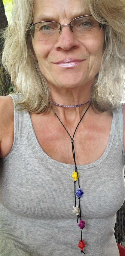 Handmade Black Leather Colored Ceramic Talking Turtle Bolo Necklace