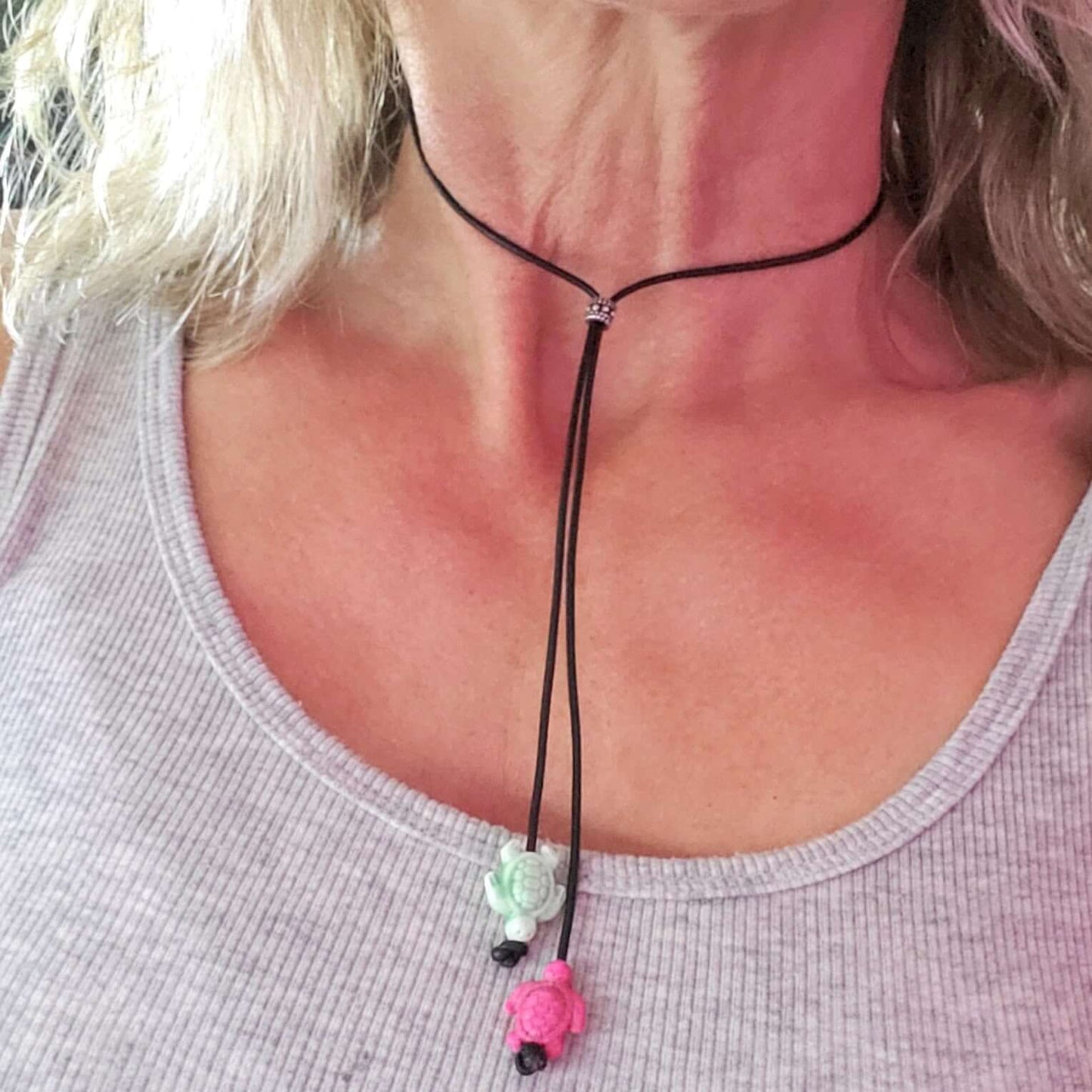 Handmade Black Leather Colored Ceramic Talking Turtle Bolo Necklace