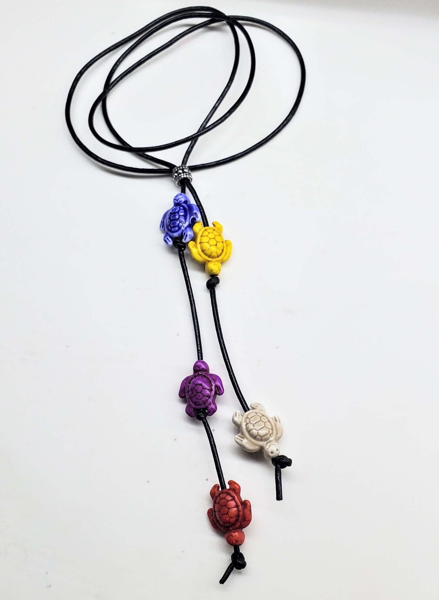 Handmade Black Leather Colored Ceramic Talking Turtle Bolo Necklace