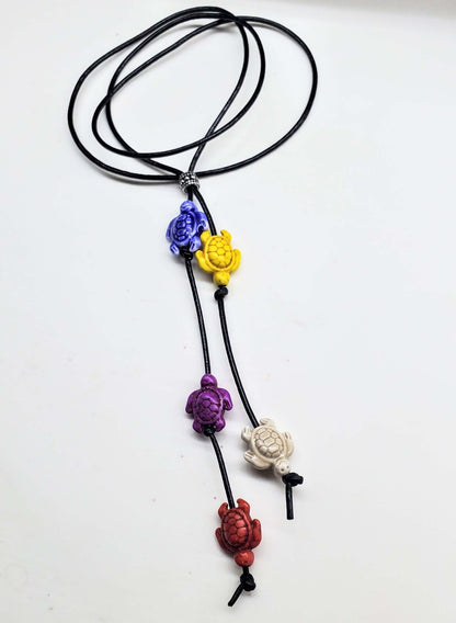 Handmade Black Leather Colored Ceramic Talking Turtle Bolo Necklace