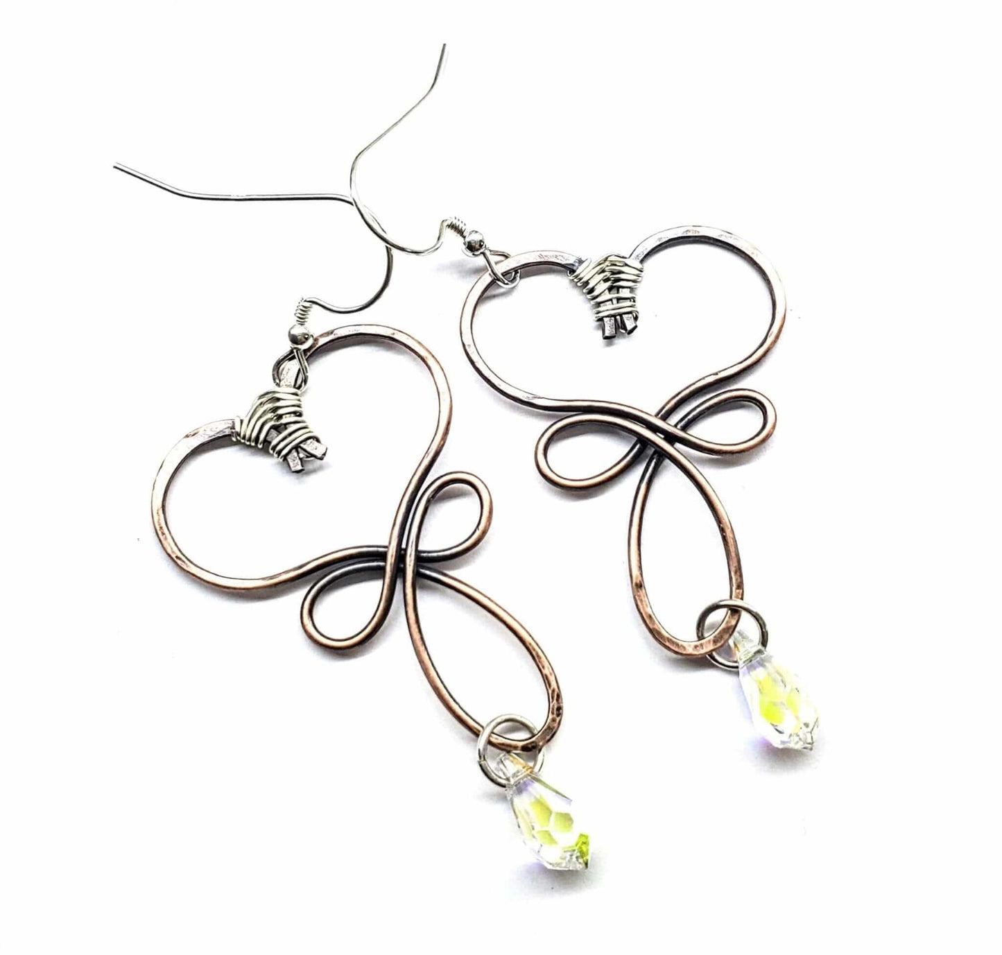 Handmade Copper Wire Sculpted Heart Crystal Drop Earrings