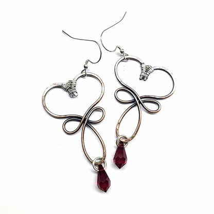 Handmade Copper Wire Sculpted Heart Crystal Drop Earrings