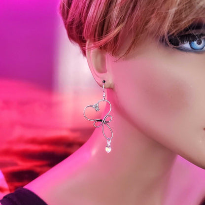 Handmade Copper Wire Sculpted Heart Crystal Drop Earrings