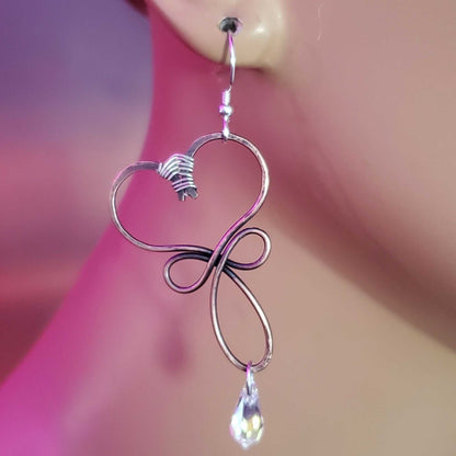 Handmade Copper Wire Sculpted Heart Crystal Drop Earrings