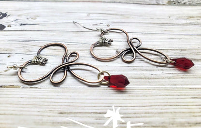 Handmade Copper Wire Sculpted Heart Crystal Drop Earrings