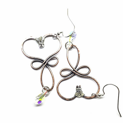 Handmade Copper Wire Sculpted Heart Crystal Drop Earrings