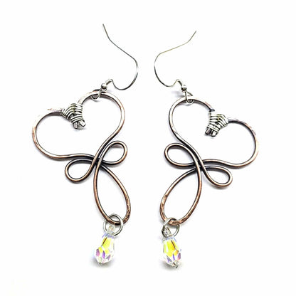 Handmade Copper Wire Sculpted Heart Crystal Drop Earrings