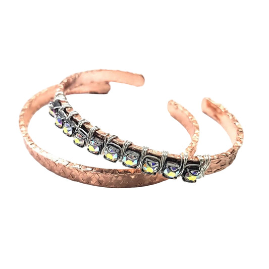 Silver Wire Wrapped Crystal Textured Copper Cuff Set