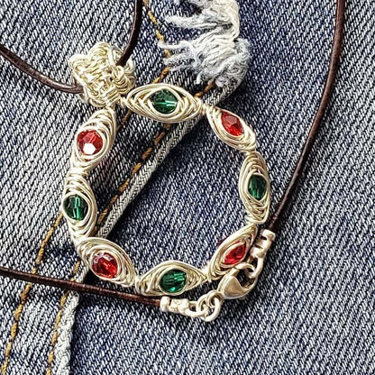 Handmade Limited Edition Red Green Crystal Christmas Holiday Wreath Necklaces