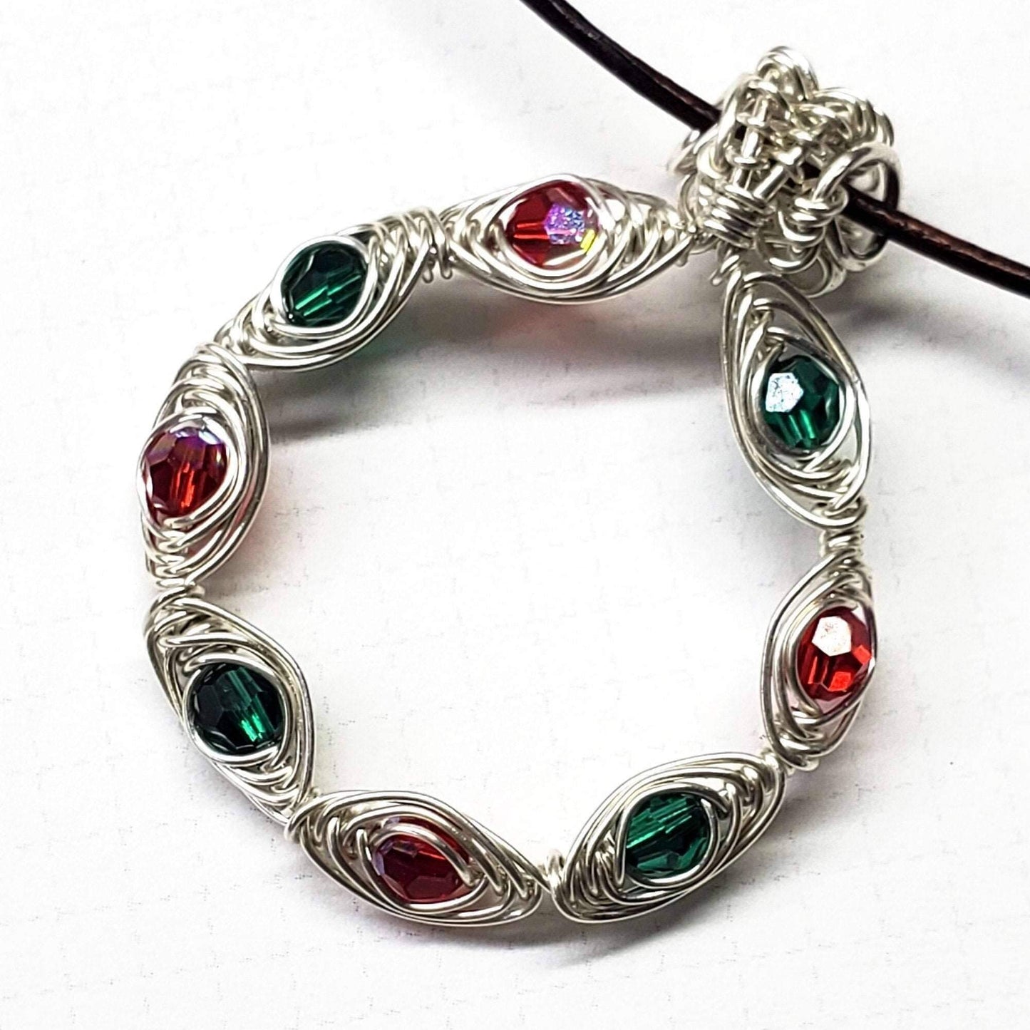 Handmade Limited Edition Red Green Crystal Christmas Holiday Wreath Necklaces