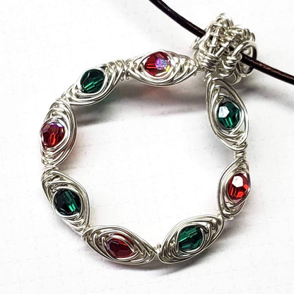 Handmade Limited Edition Red Green Crystal Christmas Holiday Wreath Necklaces