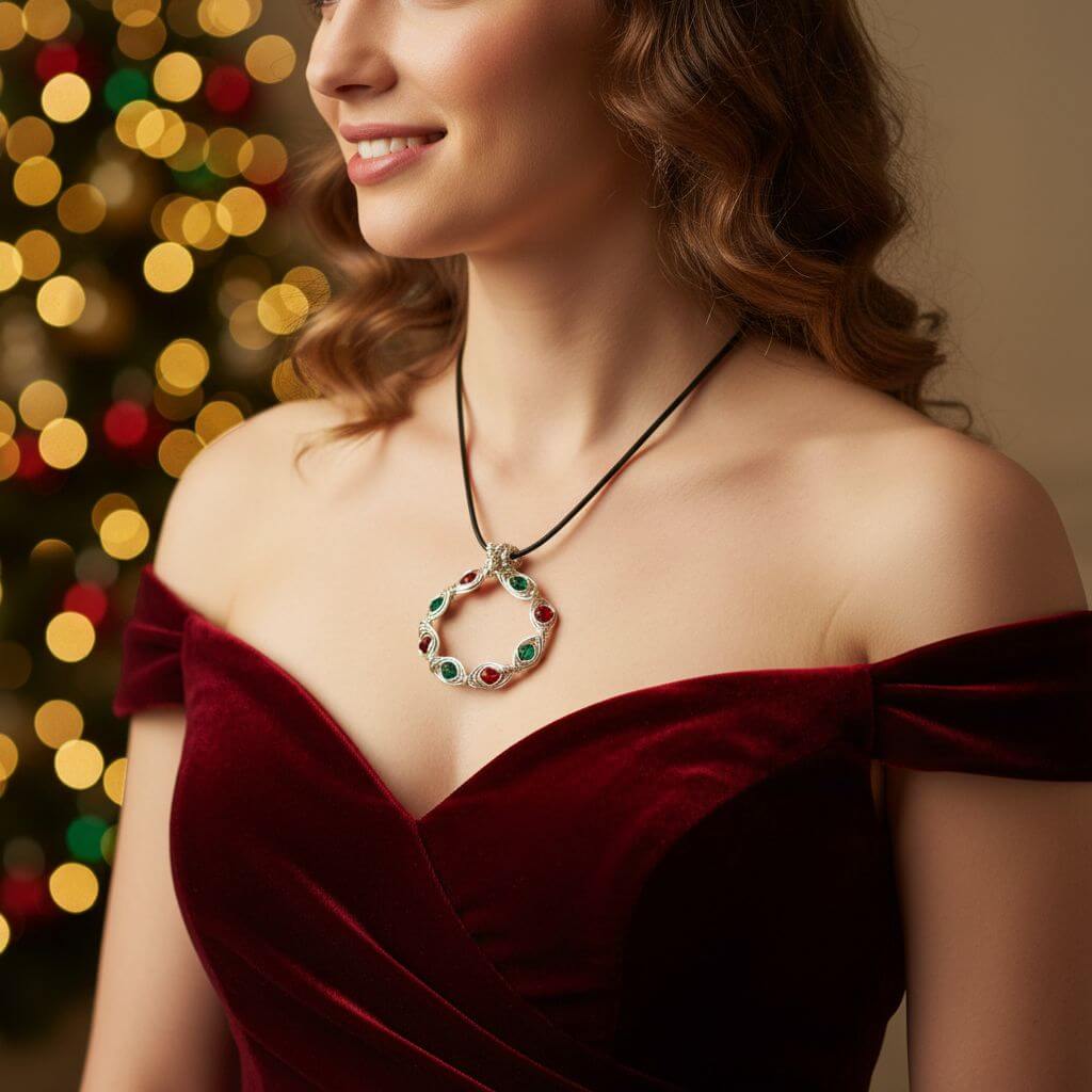 Handmade Limited Edition Red Green Crystal Christmas Holiday Wreath Necklaces