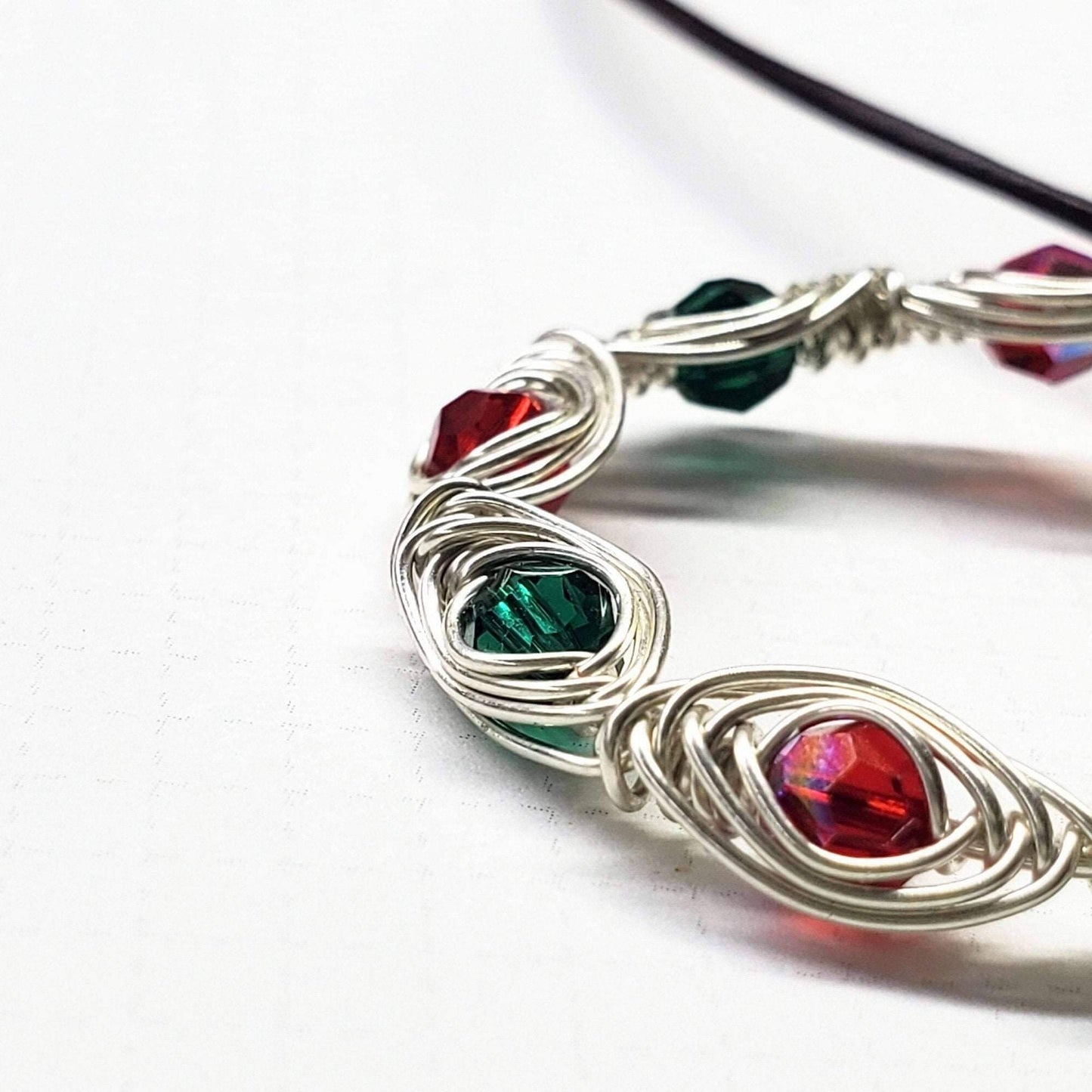 Handmade Limited Edition Red Green Crystal Christmas Holiday Wreath Necklaces