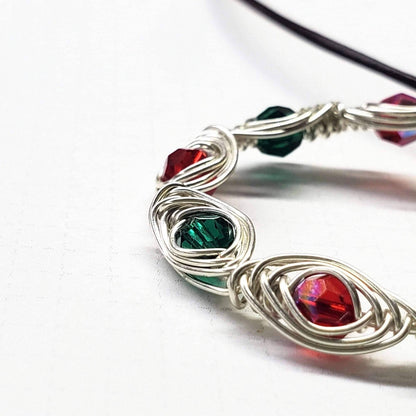 Handmade Limited Edition Red Green Crystal Christmas Holiday Wreath Necklaces