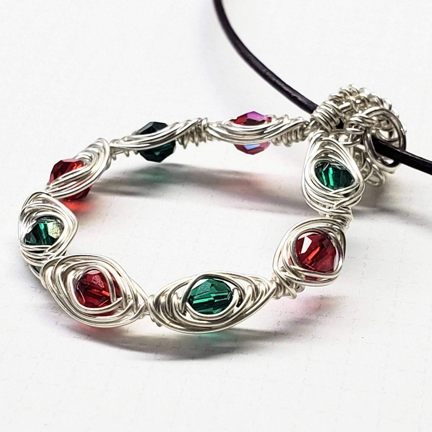 Handmade Limited Edition Red Green Crystal Christmas Holiday Wreath Necklaces