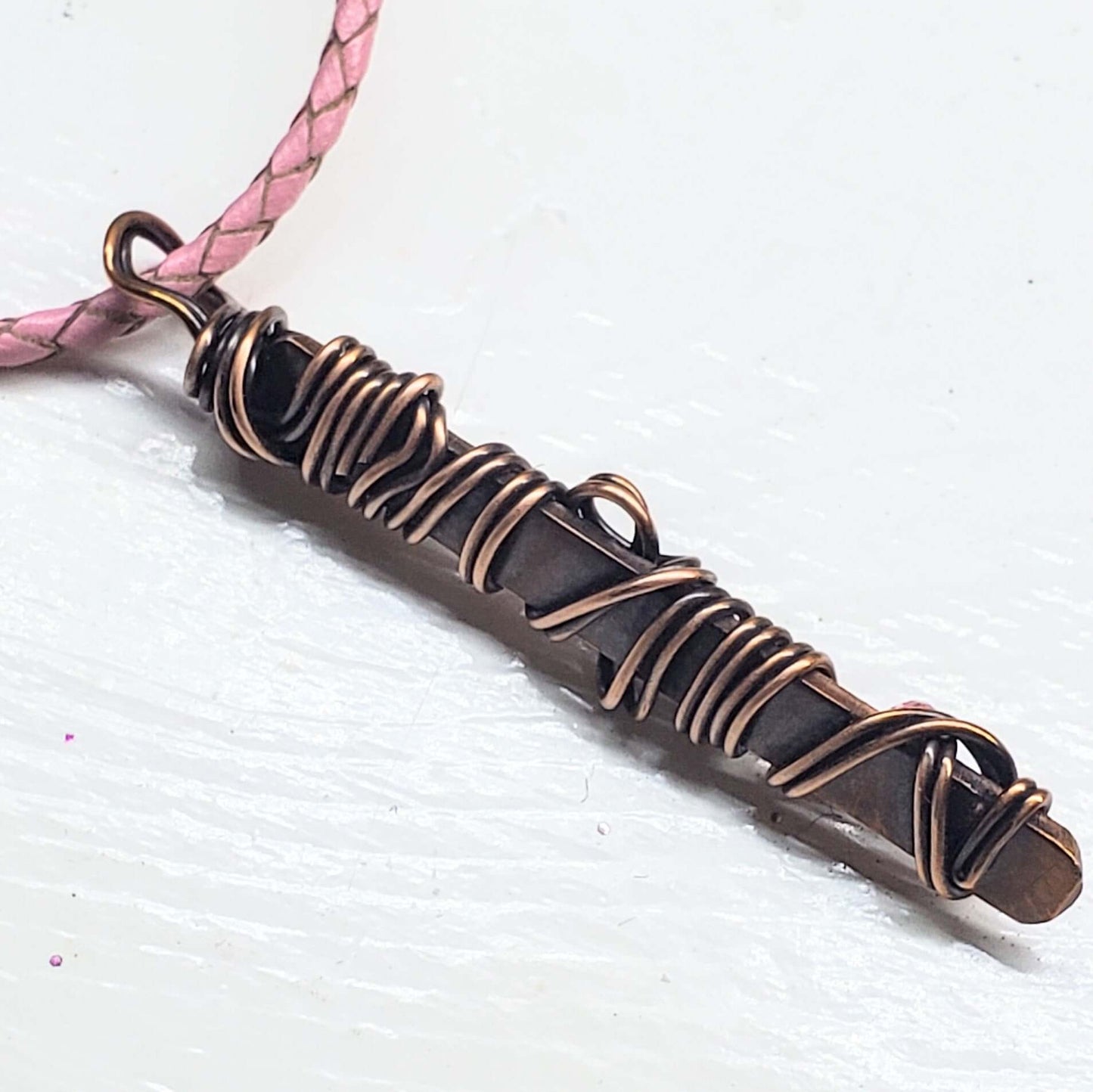 Handmade Wire Sculpted Ribbon Pink Crystal Copper Bar Pendant Necklace