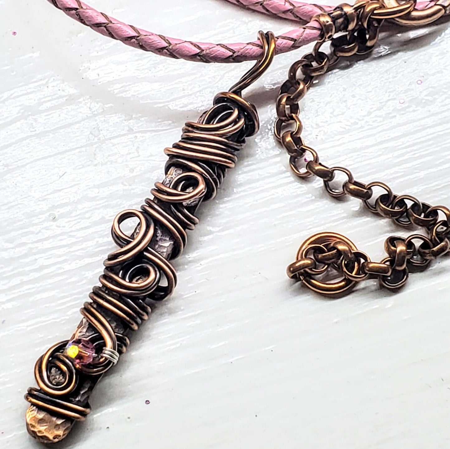 Handmade Wire Sculpted Ribbon Pink Crystal Copper Bar Pendant Necklace