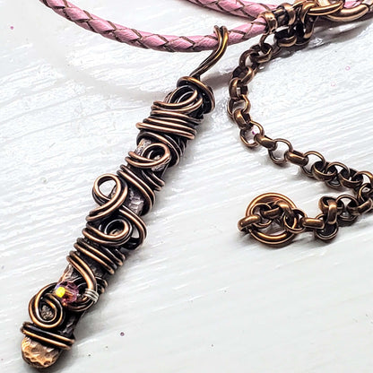 Handmade Wire Sculpted Ribbon Pink Crystal Copper Bar Pendant Necklace