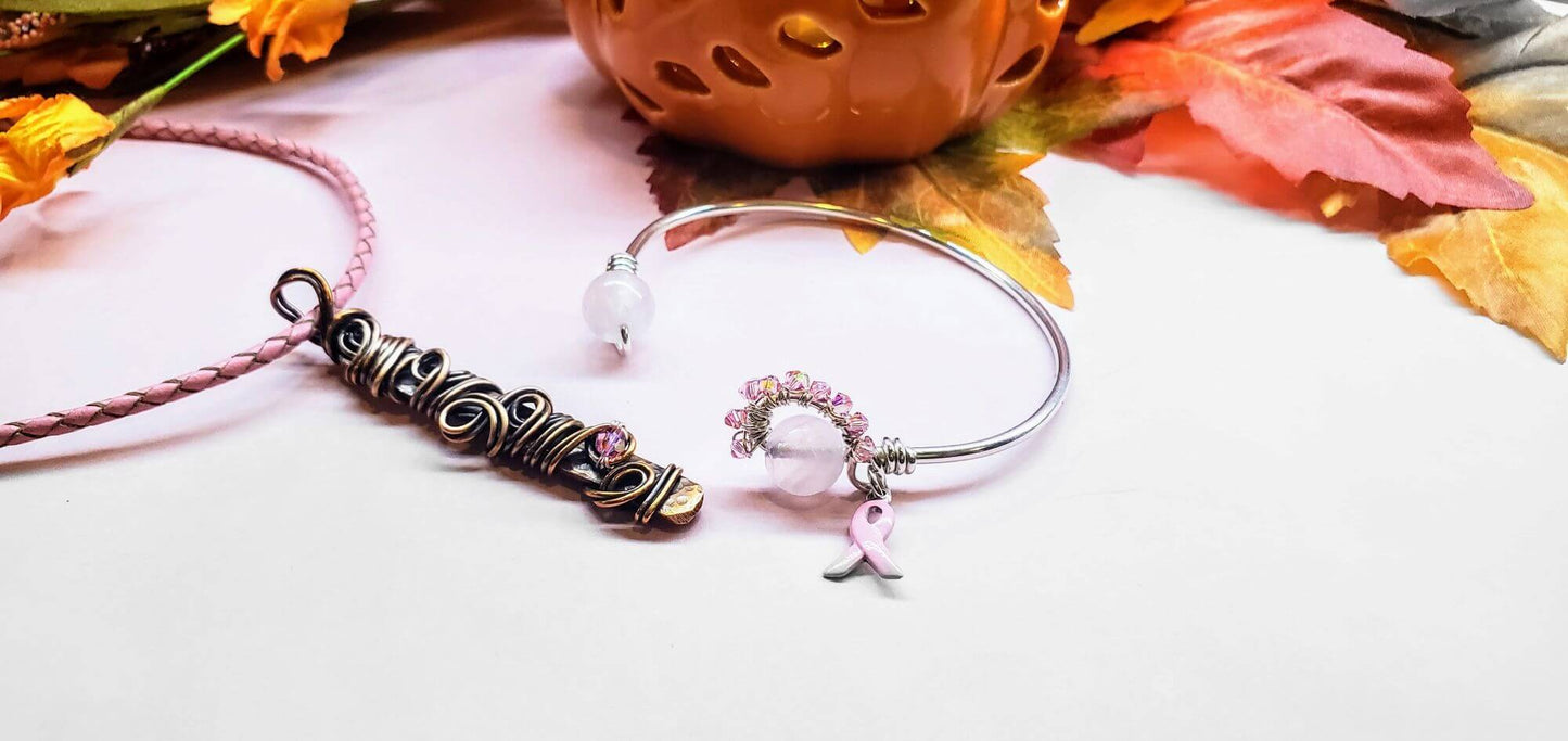 Handmade Wire Sculpted Ribbon Pink Crystal Copper Bar Pendant Necklace