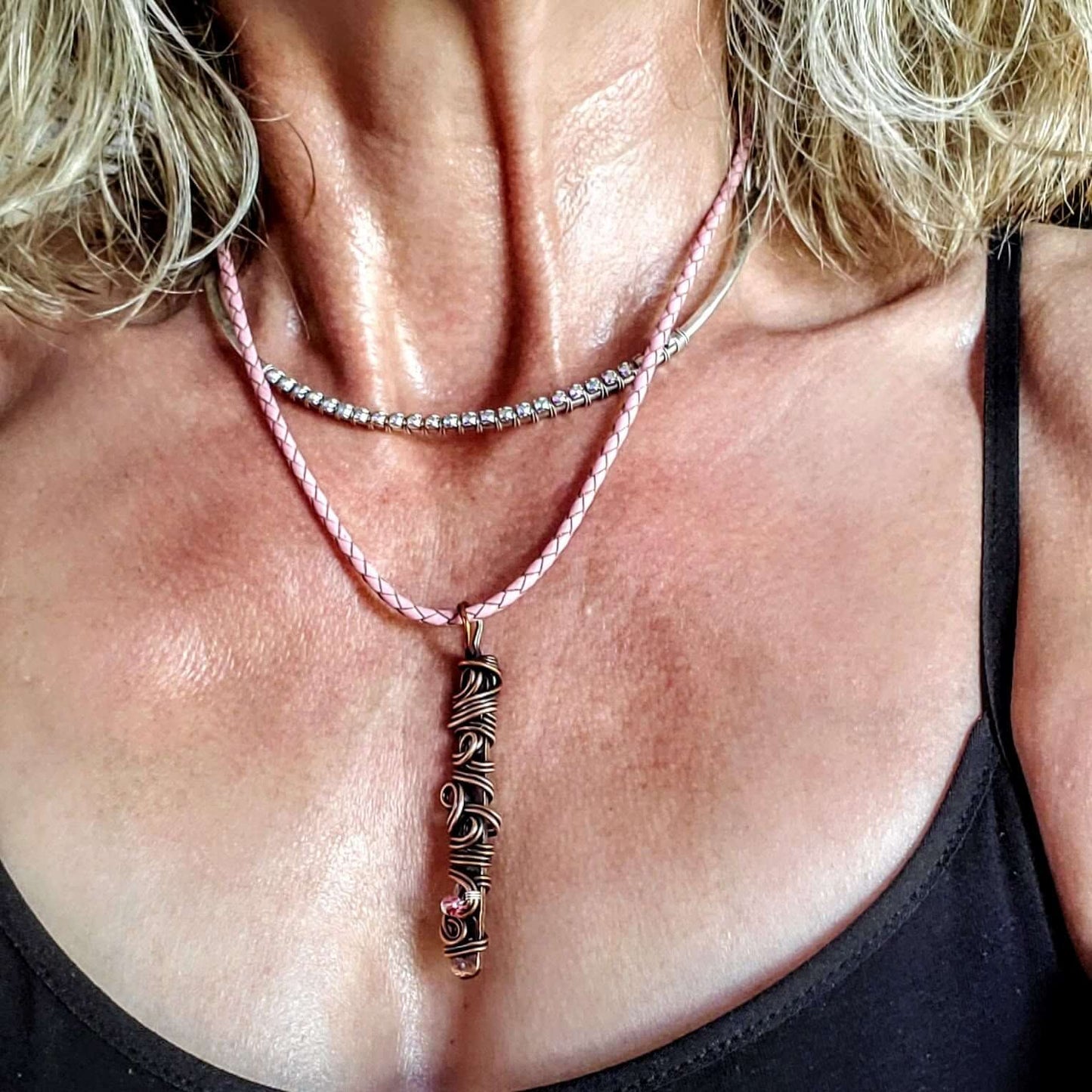 Handmade Wire Sculpted Ribbon Pink Crystal Copper Bar Pendant Necklace