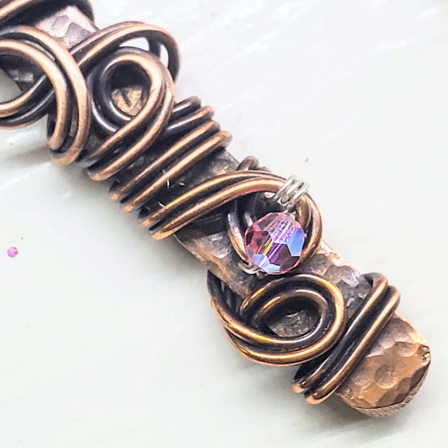 Handmade Wire Sculpted Ribbon Pink Crystal Copper Bar Pendant Necklace