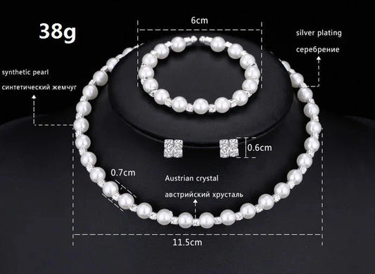 Wedding Bridal Jewelry Set String of Pearls Prom Silver Color Crystal Bracelet Necklace Earrings for Women jewellery sets