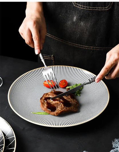 Geometric Design Gold Plating Meal Plate Porcelain Kitchen Dinner Plates Ceramics Food Tray Salad Dish 6/8/10 Inch 1Pcs